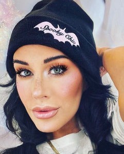 Spooky Chic Embroidered Knit Beanie  (Pink or Black)